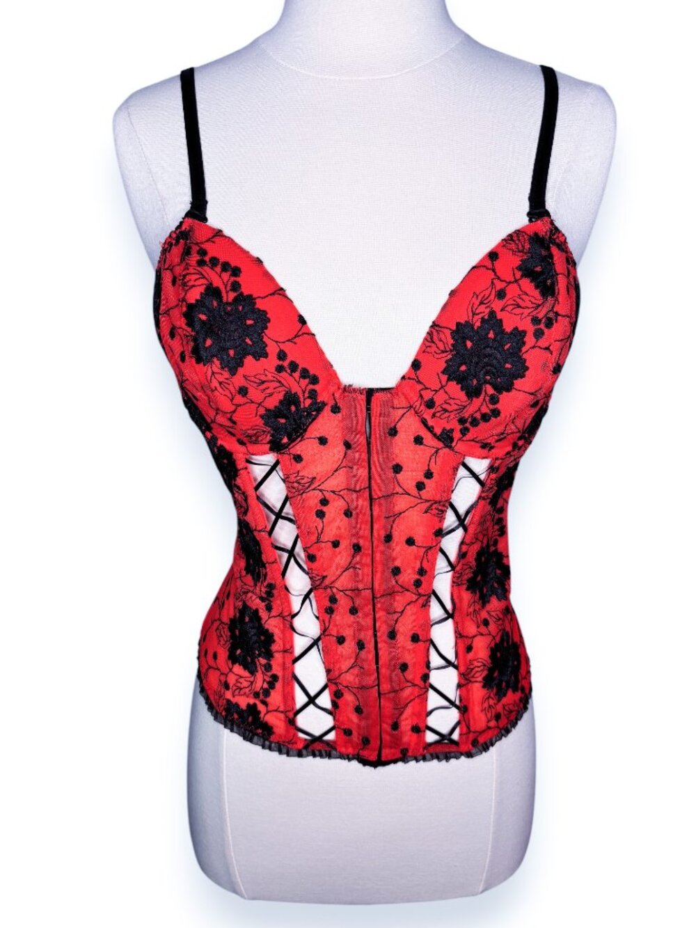 Dreamgirl Red Black Floral Embroidered Cutout Front Lace Up Back Corset Sz Large